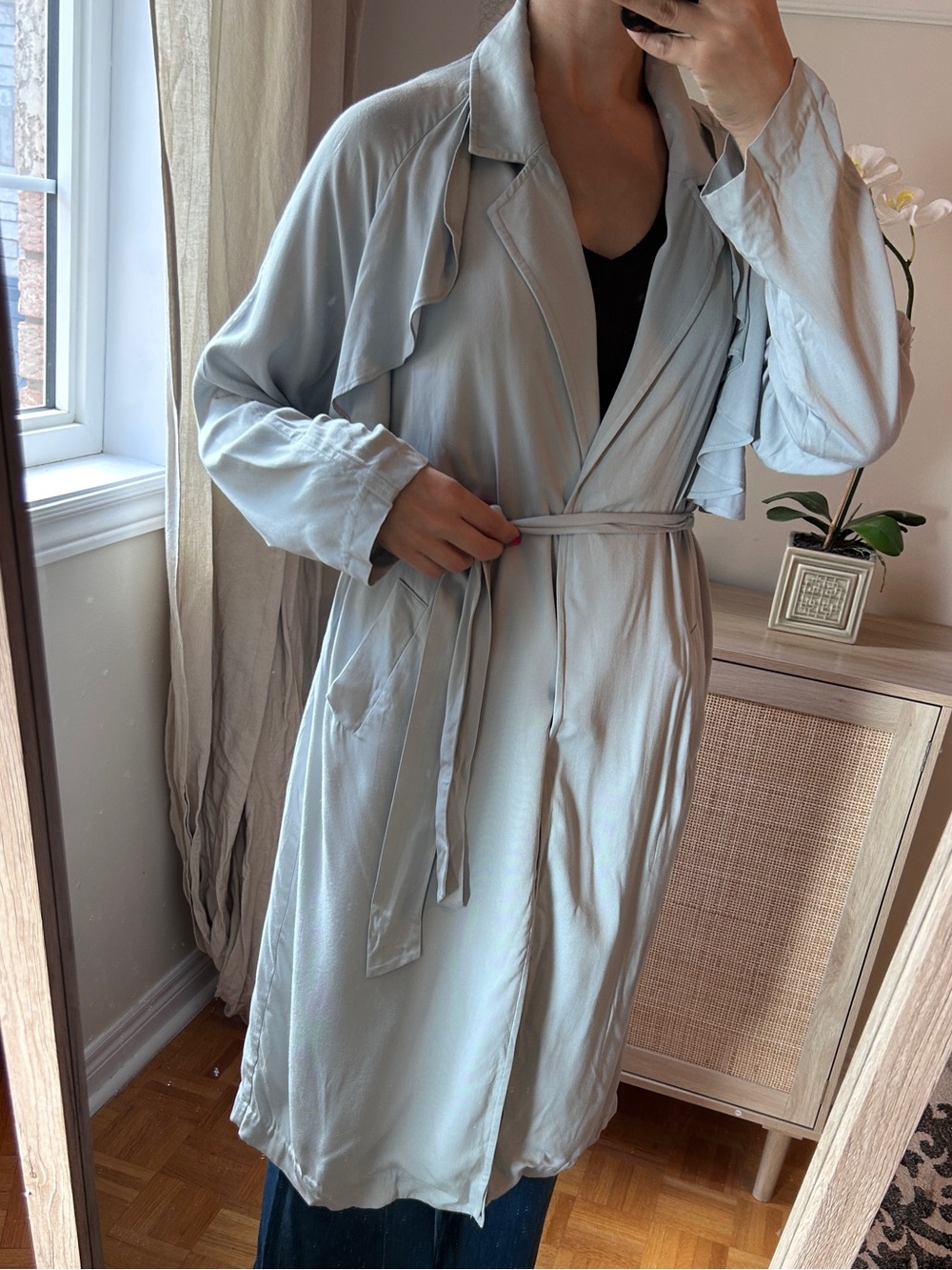 Light blue Leith trench coat with ruffles